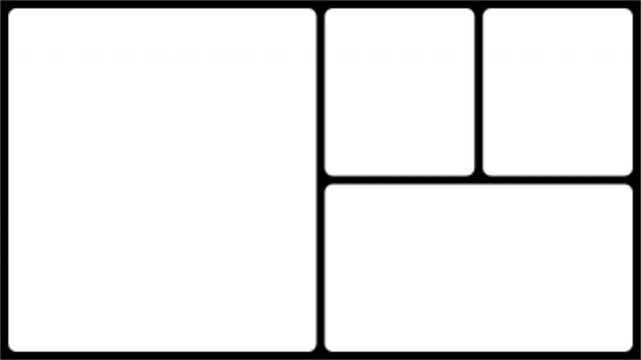 Split Screen Frame Matte Large Left Panel with Two Top Right Panels and Bottom Section Transparent Alpha Channel K