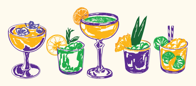 Mardi Gras Cocktail Illustration Set in Purple Green Gold