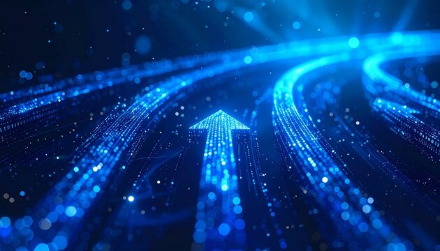 A stunning digital artwork of a blue arrow pointing upwards, representing progress and innovation. The arrow is created with flowing lines and particles, against a dark background.