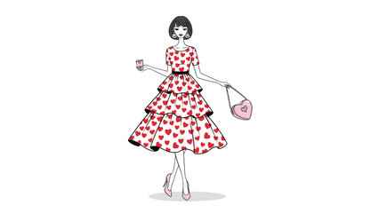 Fototapeta premium Chic hand-drawn fashion illustration of a stylish woman wearing a red heart-patterned dress and holding a matching purse.