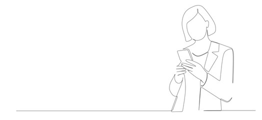 Obraz premium Continuous line art of a businesswoman receiving positive feedback or testimonials from customers via mobile phone. Good sales concept.