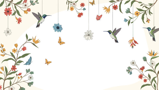 Beautiful nature background with a frame of delicate flowers, flying hummingbirds, and butterflies with ample copy space.