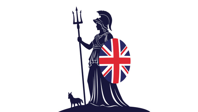 Classic illustration of Britannia, the national personification of Great Britain, holding a trident and a Union Jack shield.