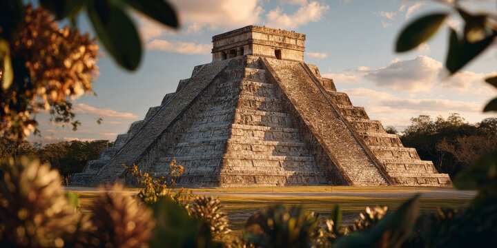 Majestic chichen itza pyramid illuminating under golden sunlight at sunset
