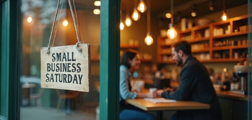 Wooden sign for Small Business Saturday hangs on cafe door. Couple talks inside cafe with warm lighting, shelves with goods. Local shop supports community.