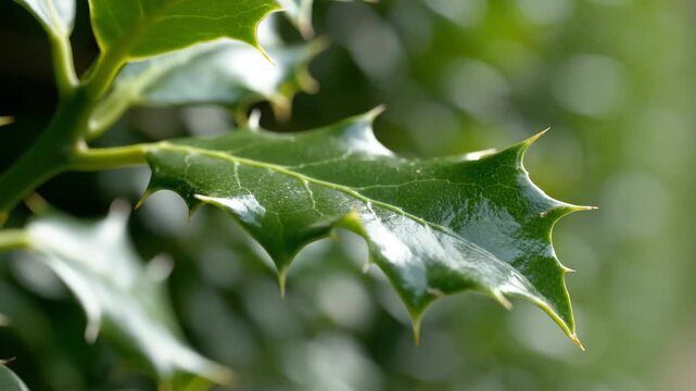 Close-up of a vibrant green holly leaf with sharp edges.