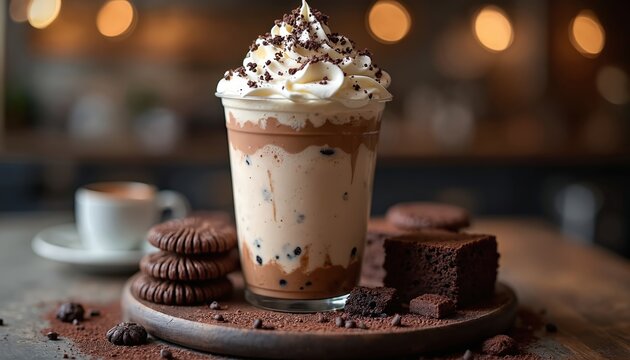 Chocolate cookie frappe with whipped cream and cookie crumbles. Served with cookies and brownies on wooden plate. Coffee cup blurred in background. Sweet dessert.