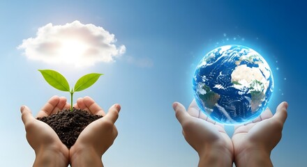 Hands nurturing a plant and the earth symbolizing care and protection
