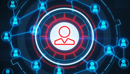 Connected network of digital people, representing connectivity and networking. This design features a central avatar connected to a network of individuals