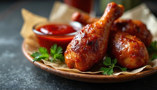 Crispy chicken drumsticks with savory glaze served with ketchup dip and parsley garnish. Juicy roasted meat dish prepared for mealtime, perfect for food blogs.