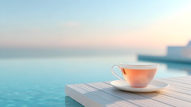 Tranquil scene of a refreshing beverage in a glass cup placed on a deck beside a serene infinity pool overlooking the ocean and a colorful horizon at dawn or dusk evoking relaxation and holiday vibes