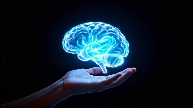 Human hand holding glowing brain