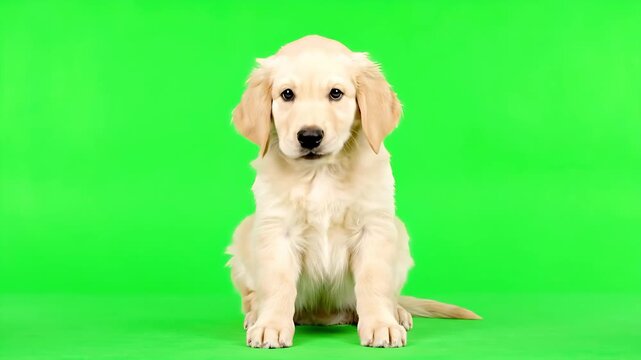 Golden retriever puppy sitting and licking its nose while looking at the camera on a green screen background. Isolated studio shot ideal for chroma key, pet advertising, commercials, social media.