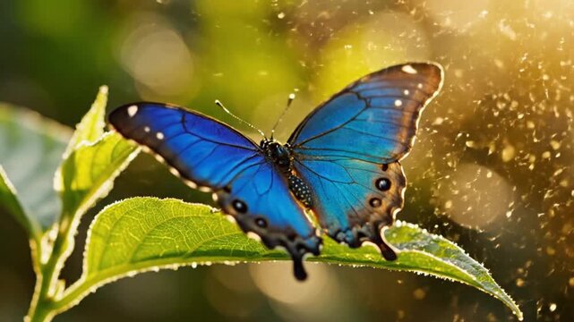A beautiful butterfly perches on a green leaf in a serene natural setting in this stunning video