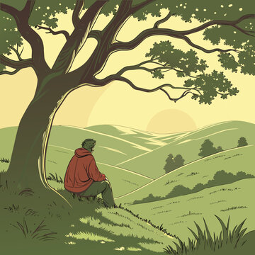 a man sit under the tree and thinking your life.