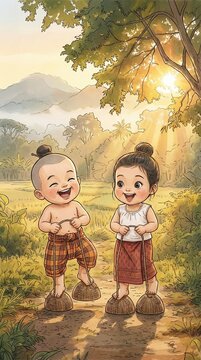 A charming traditional Thai style cartoon illustration of two joyful Thai children playing 'Dern Ka La' (coconut shell stilts).