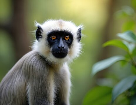 Grey langur monkey with striking orange eyes poses for portrait. Wild primate with black face and white fur sits in lush green forest foliage.