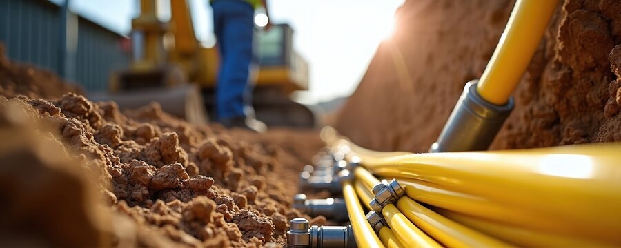 Construction worker installs fiber optic cables underground with excavator in background. Yellow protective conduits are laid in trench for digital network connection.