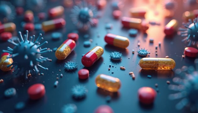 Microscopic view of viruses and pills. Capsules and tablets surround infectious germs. Medical treatment and disease control concept. Healthcare and science research imagery.