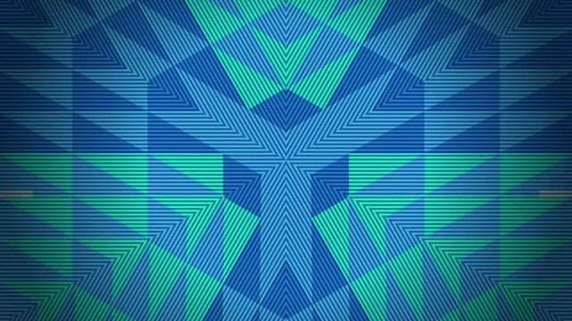 Geometric pattern of blue and green triangles forming a symmetrical design on a textured surface with a white border at the bottom.