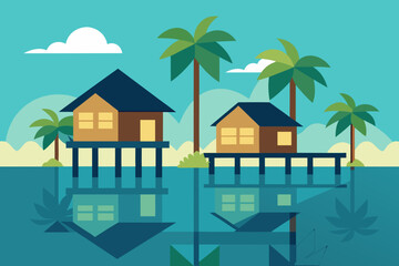 Tropical Stilt Houses Over Water 