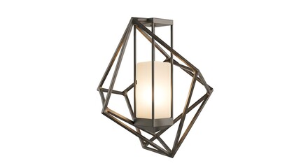 A modern geometric bronze lantern with a lit candle inside, set against a clean white background with a warm and cozy mood, perfect for Ramadan decoration.