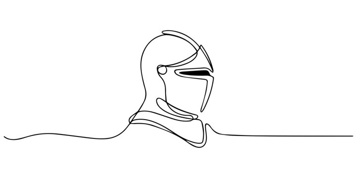 Knight helmet isolated on white background. Line art helmet. One line continuous vector illustration, Continuous one line drawing of roman warrior helmet mask. One line drawing illustration of knight.