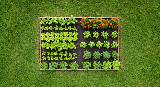 High angle view of a systematic garden layout featuring wooden raised beds with various green seedlings, gardening tools, a watering can, and a notebook on a lawn.