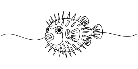 Spiky Pufferfish continuous one line drawing, A simple black and white line drawing of a pufferfish with its spines extended, showing its round body and fins, cute pufferfish drawing, minimalist style © Gerish