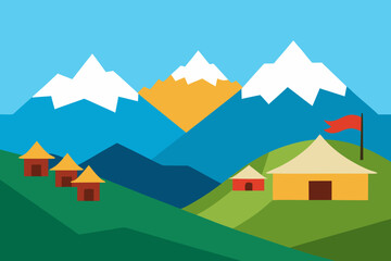 Himalayan Village Landscape Illustration