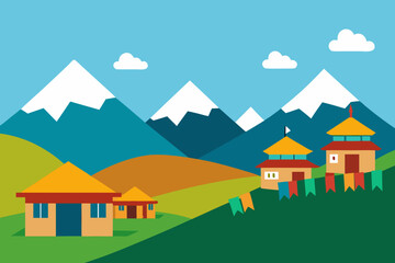 Himalayan Village Landscape Illustration