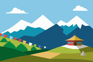 Himalayan Village Landscape Illustration