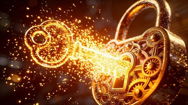 Golden key unlocking ornate lock with sparks