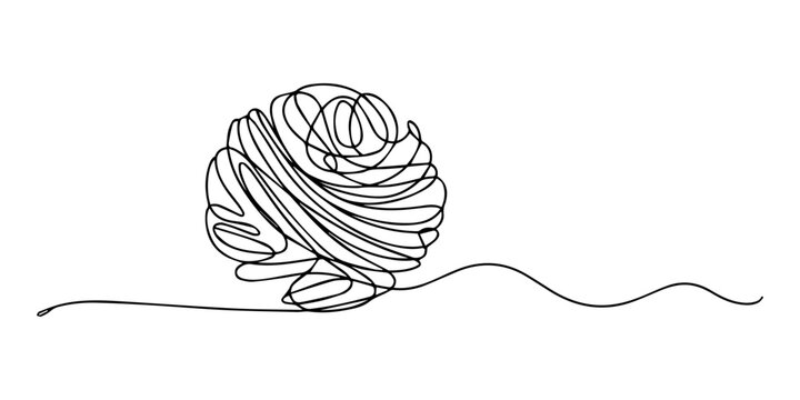 Ball of yarn continuous line sign. Round skein of knitting thread isolated on white background, Ball of yarn in continuous one line art drawing style, Ball of yarn in continuous one line art drawing.