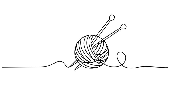 yarn ball with wooden knitting needles continuous one line drawing, Knitting Essentials Yarn Balls and Needles Line Art, yarn and crochet hook continuous one line drawing, Knitting, ball of wool pro.