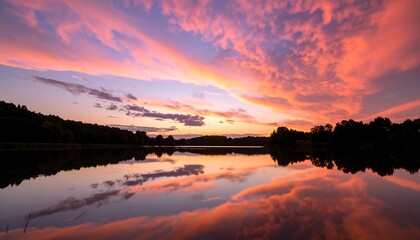 Naklejka premium Stunning sunset paints the sky with vibrant hues, reflected perfectly on the still water of a lake surrounded by forested shores