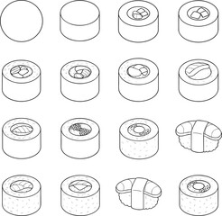 Black and white line art illustrations of assorted Japanese sushi rolls and nigiri for restaurant menu concepts। © MSTRazia