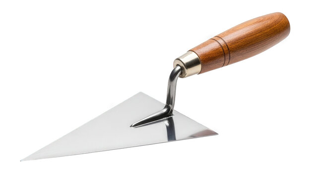 Trowel with wooden handle for bricklaying and plastering, isolated on white background
