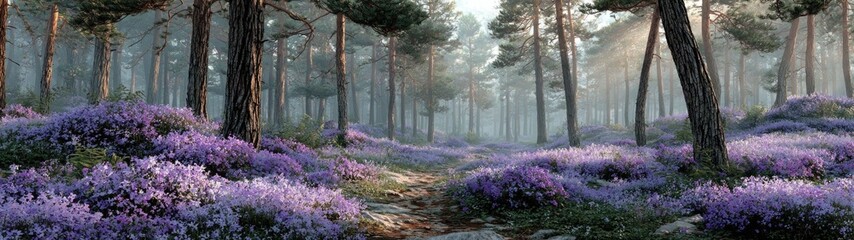 Sunlit misty forest with a path winding through vibrant purple flowers. Perfect for nature, fantasy, meditation, or spring and summer themes. © yuda