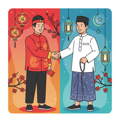 
Two men in their traditional clothes shake hands celebrating Chinese New Year and Ramadan, decorated with Chinese New Year and Arabic style lanterns.
