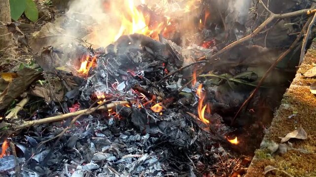 Yogyakarta, Indonesia - August 03, 2025: Open burning of waste near the yard area