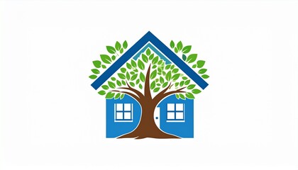Illustration features a house silhouette with a tree growing inside and leaves