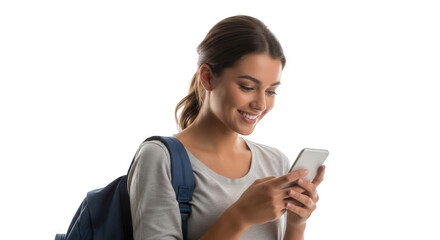 Naklejka premium Young woman with backpack using smartphone for mobile app and social media, isolated on white background