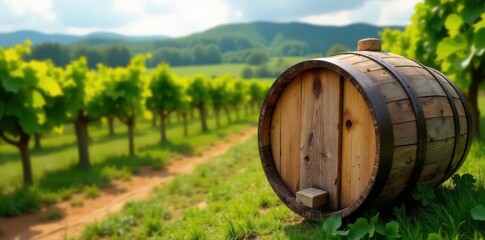 Weathered oak barrel, blurred vineyard background, background, storage, aged
