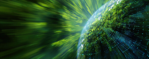 Digital background with green planet surface and flowing ecological data streams