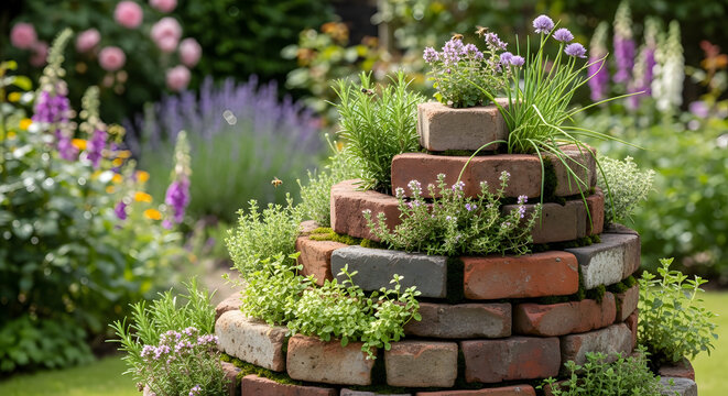 A decorative and functional spiral herb garden built from bricks, featuring fresh basil, chives, and rosemary in a blooming floral garden setting.
