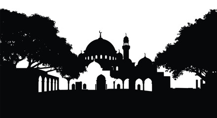 Silhouette of mosque architecture with trees against white sky
