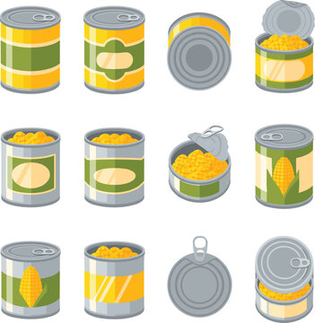 : Vector illustrations of canned sweet corn in various states including closed open and top views for food packaging concepts।