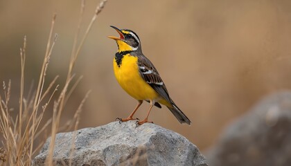 Obraz premium Western meadowlark bird sings on rock. Bright yellow breast plumage contrasts with dark throat markings. Bird has open beak singing tune. Avian wildlife outdoor scene.