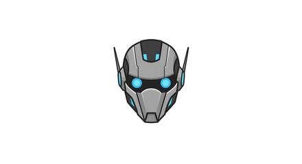 Gray robot head graphic, blue glowing eyes, detailed illustration, on white background